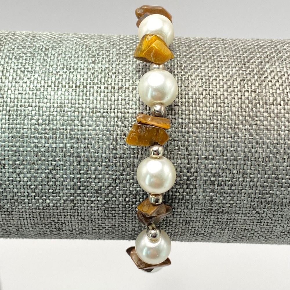 Vintage Stretch Bracelet Faux Pearl Tiger Eye Style Stone Brown Cream